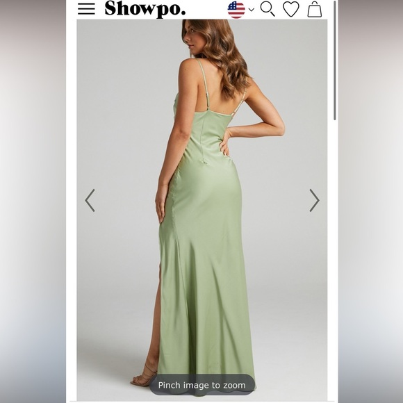 Showpo. JEWELLE MIDI DRESS - HIGH SPLIT COWL NECK SATIN DRESS IN GREEN size 6 - Picture 2 of 8